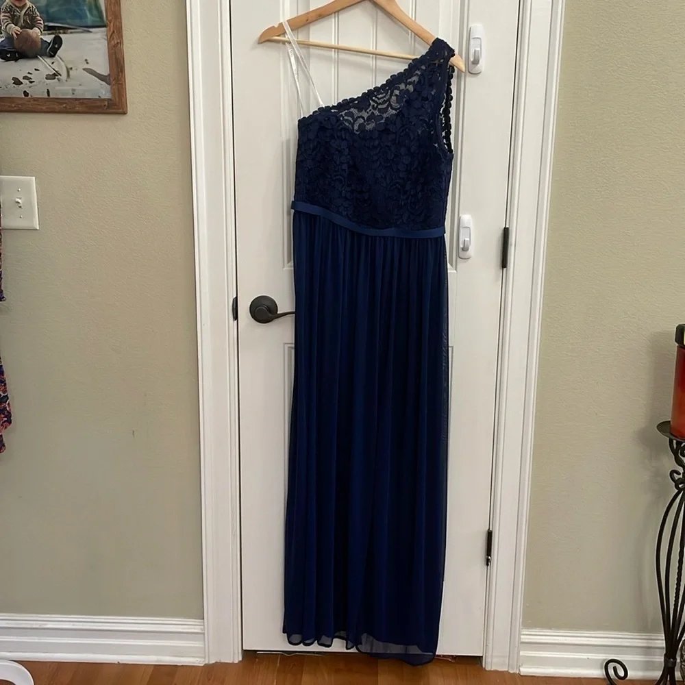 Navy  blue one shoulder formal maxi dress With Lace Top. 8